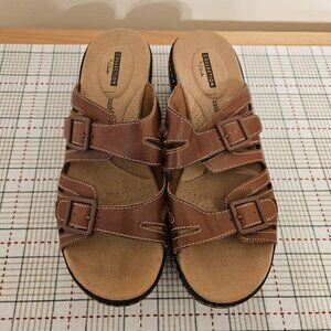 NW Clarks Delana Liri Strap Adjustable Platform Wedge Slide Sandal Tan Leather 9